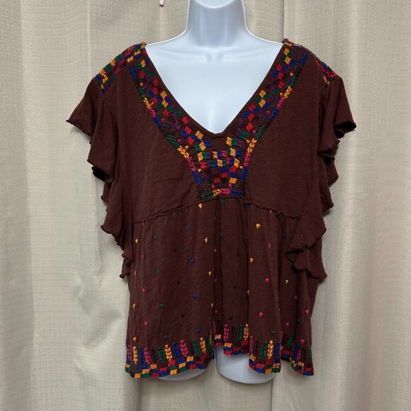 By Anthropologie Flutter Sleeve V-Neck Embroidered Top Women's Size L Maroon - Picture 1 of 9